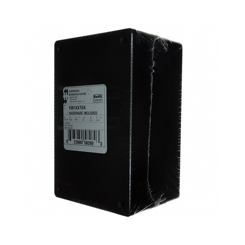 1 pcs : 1591XXTBK - Box Plastic Black Cover Included 4.853' L x 3.278' W (123.27mm x 83.26mm) X 2.392' (60.76mm)