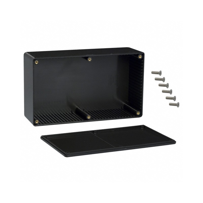 1 pcs : 1591EBK - Box Plastic Black Cover Included 7.480' L x 4.331' W (189.99mm x 110.01mm) X 2.386' (60.60mm)