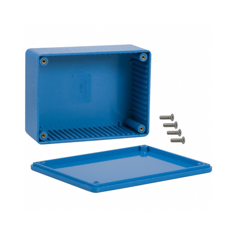 1 pcs : 1591SBU - Box Plastic Blue Cover Included 4.335' L x 3.236' W (110.11mm x 82.19mm) X 1.732' (43.99mm)
