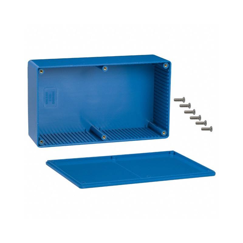 1 pcs : 1591EBU - Box Plastic Blue Cover Included 7.480' L x 4.331' W (189.99mm x 110.01mm) X 2.386' (60.60mm)