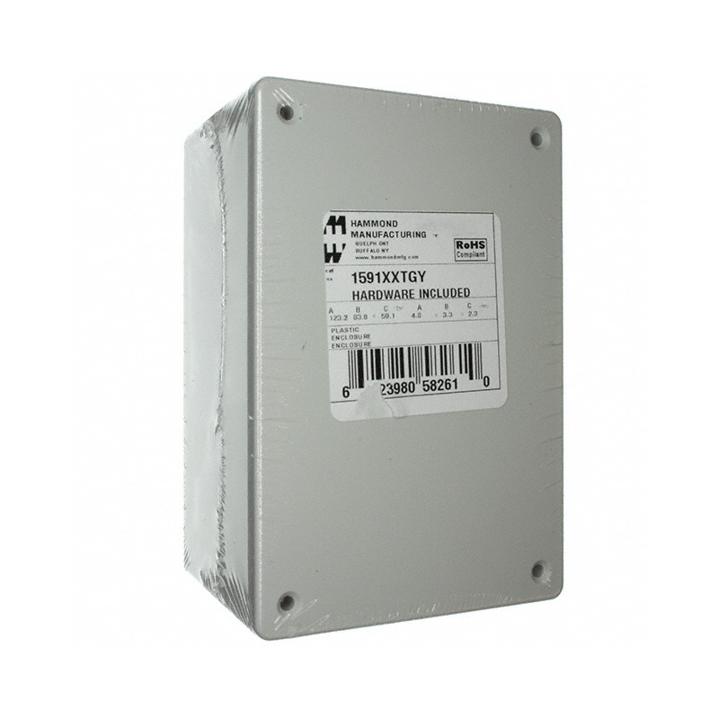 1 pcs : 1591XXTGY - Box Plastic Gray Cover Included 4.853' L x 3.278' W (123.27mm x 83.26mm) X 2.392' (60.76mm)