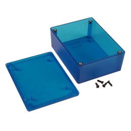 1 pcs : 1591XXSTBU - Box Plastic Translucent - Blue Cover Included 4.430' L x 3.332' W (112.52mm x 84.63mm) X 1.732' (43.99mm)
