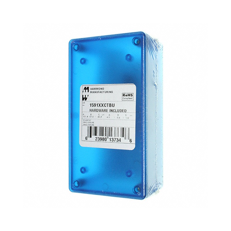1 pcs : 1591XXCTBU - Box Plastic Translucent - Blue Cover Included 4.781' L x 2.636' W (121.44mm x 66.95mm) X 1.644' (41.76mm)