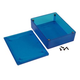 1 pcs : 1591XXGTBU - Box Plastic Translucent - Blue Cover Included 4.821' L x 3.776' W (122.45mm x 95.91mm) X 1.496' (38.00mm)