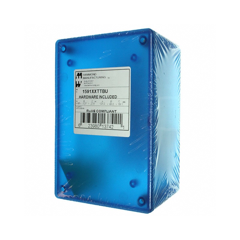 1 pcs : 1591XXTTBU - Box Plastic Translucent - Blue Cover Included 4.853' L x 3.278' W (123.27mm x 83.26mm) X 2.392' (60.76mm)