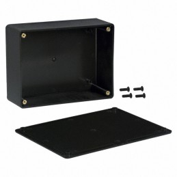1 pcs : CU-3283 - Box Plastic, ABS Black Cover Included 6.112' L x 4.612' W (155.24mm x 117.14mm) X 2.356' (59.84mm)