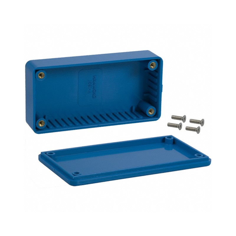1 pcs : 1591ABU - Box Plastic, ABS Blue Cover Included 3.937' L x 1.969' W (100.00mm x 50.00mm) X 0.977' (24.82mm)