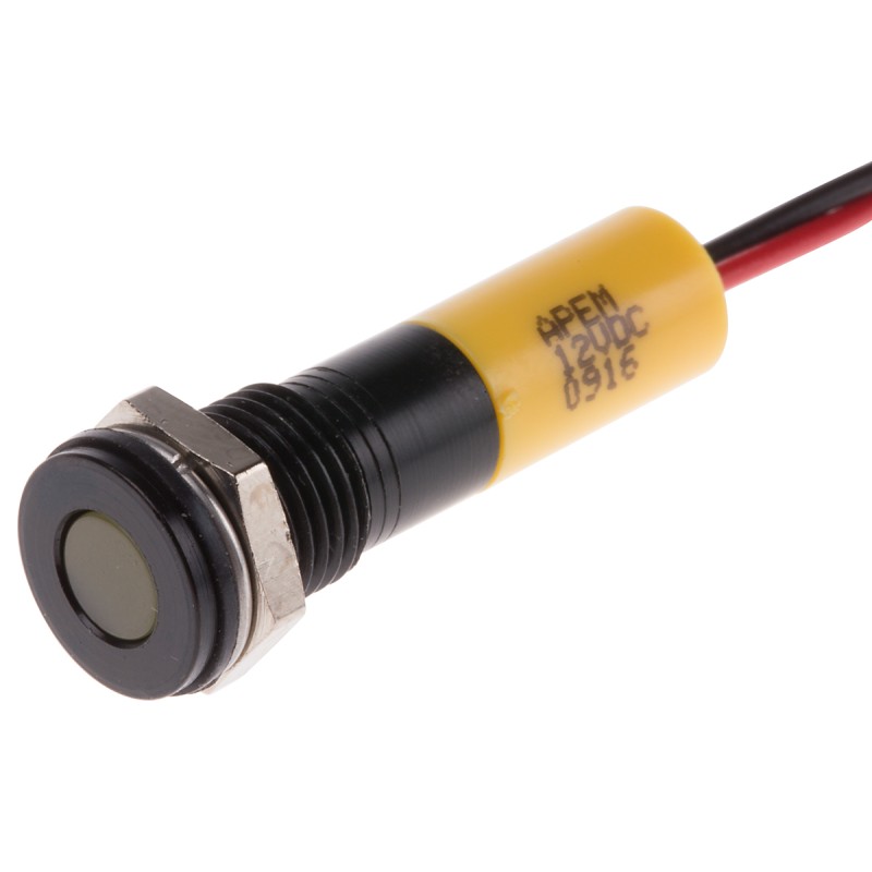 1 pcs - RS PRO Yellow Panel Mount Indicator, 12V dc, 8mm Mounting Hole Size, Lead Wires Termination, IP67