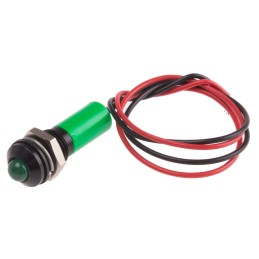 1 pcs - RS PRO Green Panel Mount Indicator, 12V dc, 8mm Mounting Hole Size, Lead Wires Termination, IP67