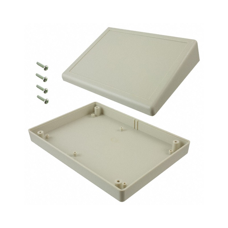 1 pcs : PT-11820 - Box Plastic, ABS Gray Split Sides and Slanted Top 7.402' L x 5.236' W (188.01mm x 132.99mm) X 2.220' (56.39mm