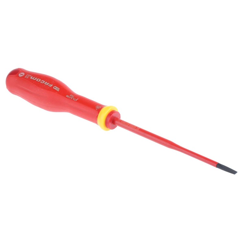 1 pcs - Facom Slotted Insulated Screwdriver, 3.5 mm Tip, 100 mm Blade, VDE/1000V, 204 mm Overall
