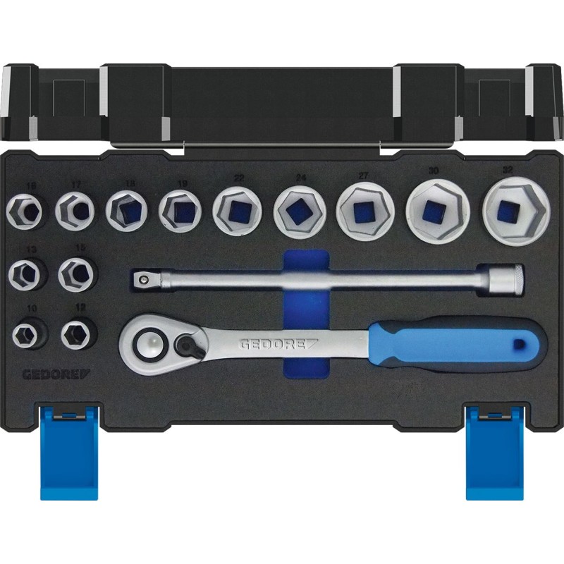 1 pcs - Gedore 15-Piece Metric 1/2 in Standard Socket Set with Ratchet, 6 point
