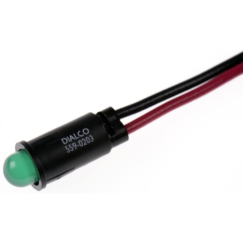 1 pcs - Dialight Green Panel Mount Indicator, 12V dc, 6.4mm Mounting Hole Size, Lead Wires Termination