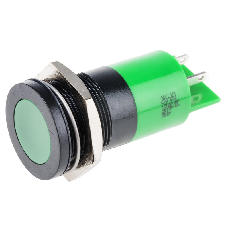1 pcs - RS PRO Green Panel Mount Indicator, 12V ac/dc, 22mm Mounting Hole Size, Solder Tab Termination