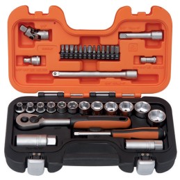1 pcs - Bahco 34-Piece Imperial 1/4 in, 3/8 in Standard Socket/Bit Set with Ratchet, 6 point, Hex Bit, Phillips Bit, Slotted Bit