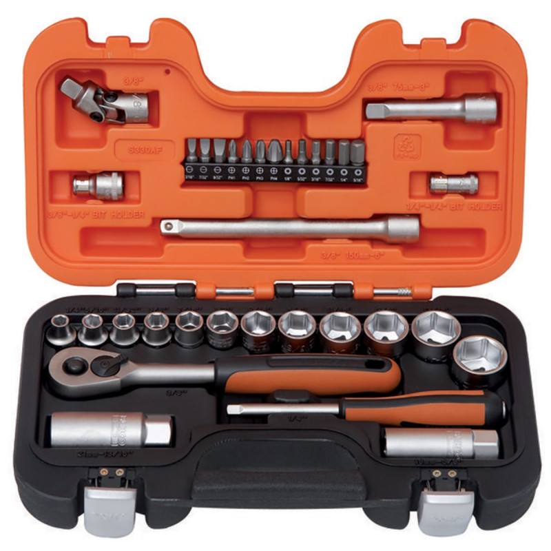 1 pcs - Bahco 34-Piece Imperial 1/4 in, 3/8 in Standard Socket/Bit Set with Ratchet, 6 point, Hex Bit, Phillips Bit, Slotted Bit