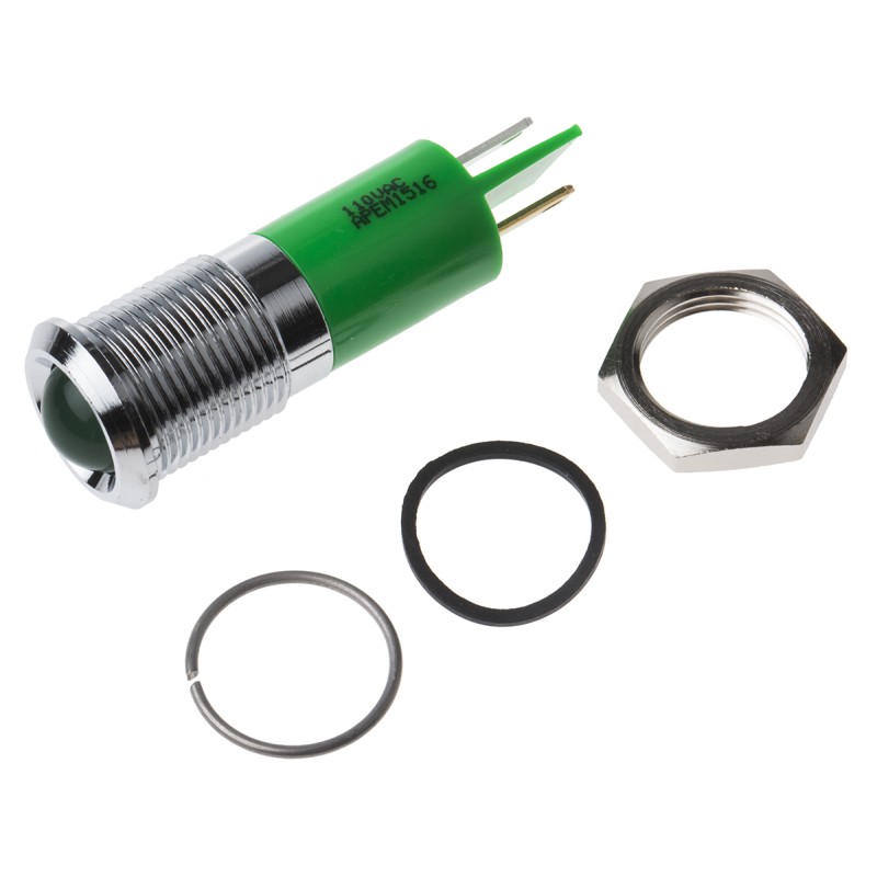 1 pcs - RS PRO Green Panel Mount Indicator, 110V ac, 14mm Mounting Hole Size, Faston, Solder Lug Termination, IP67