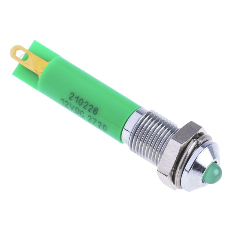 1 pcs - RS PRO Green Panel Mount Indicator, 12V dc, 6mm Mounting Hole Size, Solder Tab Termination