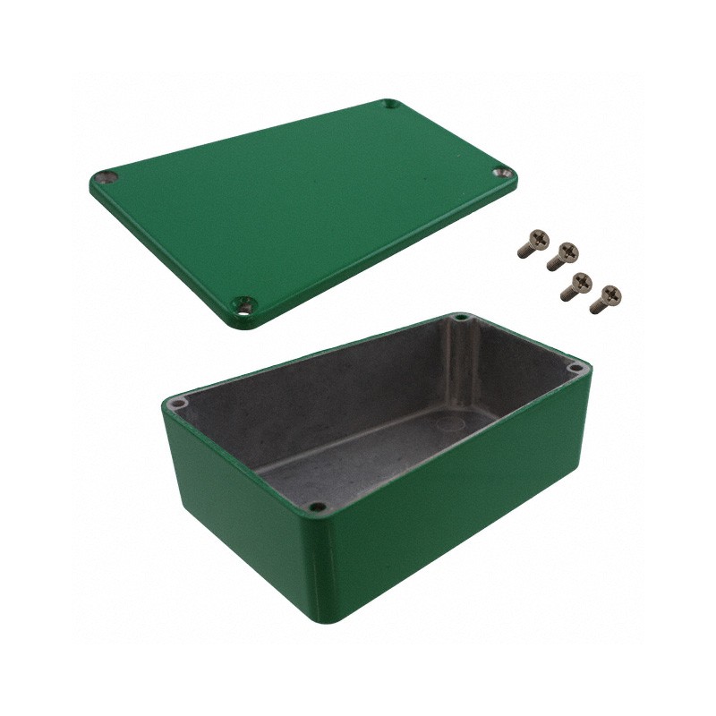 1 pcs : 1590TRPBGR - Stomp Box Aluminum Green Cover Included 4.409' L x 3.109' W (111.99mm x 78.97mm) X 1.543' (39.19mm)