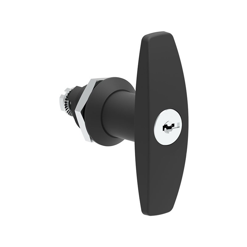 1 pcs : 110120100 - T-Handle Cam Lock Square (Rounded Corners) - 20.20mm Cutout Panel Mount Zamak, Black Coating