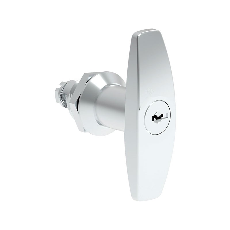 1 pcs : 110110100 - T-Handle Cam Lock Square (Rounded Corners) - 20.20mm Cutout Panel Mount Zamak, Chrome Plated