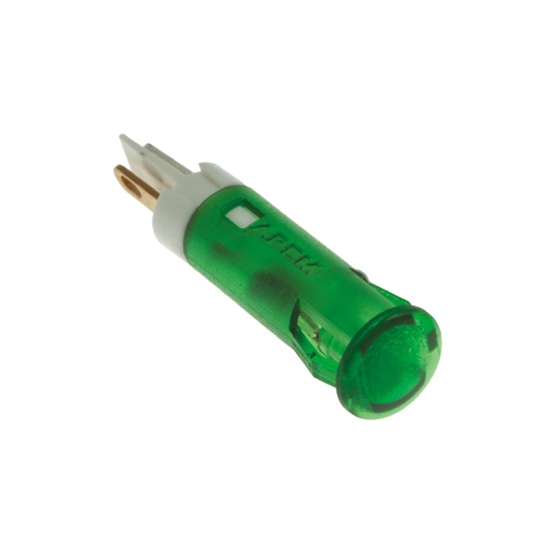 1 pcs - Apem Green Panel Mount Indicator, 12V dc, 6mm Mounting Hole Size, Faston, Solder Lug Termination