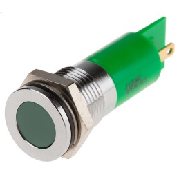 1 pcs - RS PRO Green Panel Mount Indicator, 110V ac, 14mm Mounting Hole Size, Faston, Solder Lug Termination, IP67