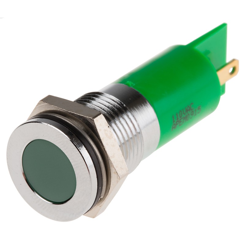 1 pcs - RS PRO Green Panel Mount Indicator, 110V ac, 14mm Mounting Hole Size, Faston, Solder Lug Termination, IP67