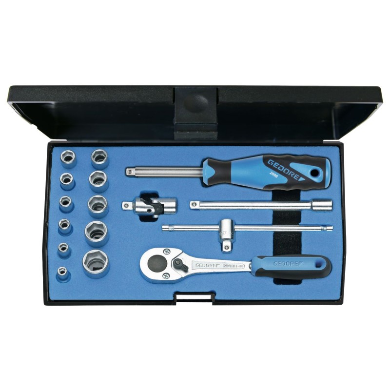 1 pcs - Gedore 16-Piece Metric 1/4 in Standard Socket Set with Ratchet, 6 point