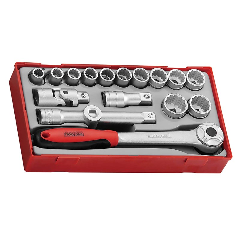 1 pcs - Teng Tools 18-Piece Metric 1/2 in Standard Socket Set with Ratchet, 12 point