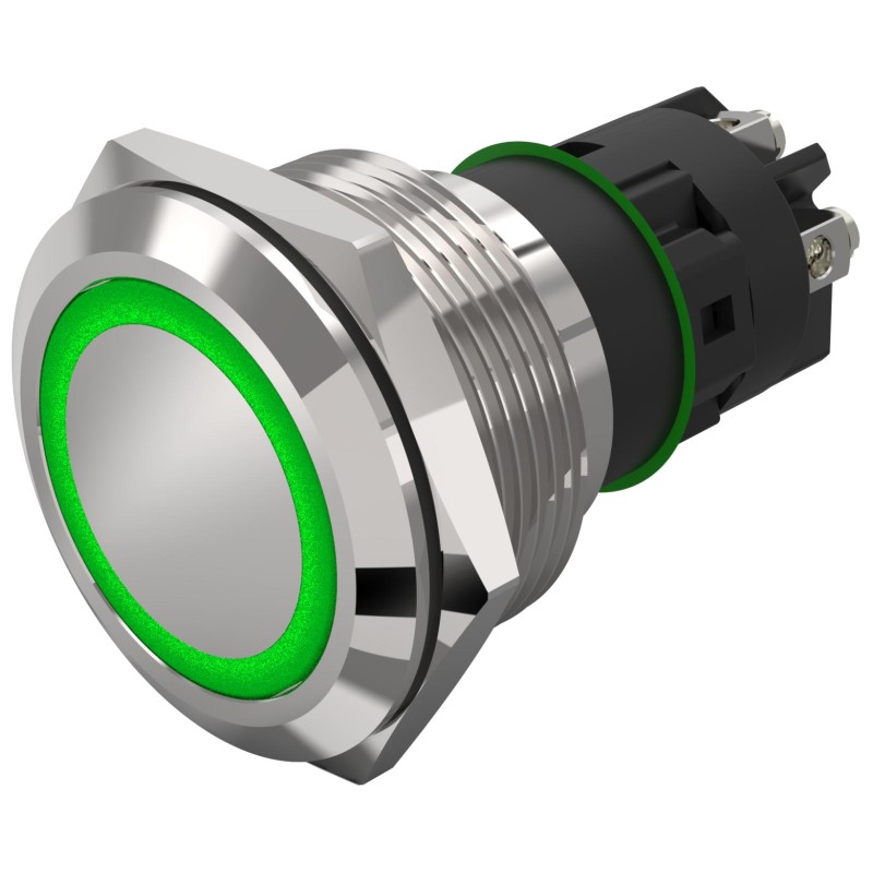 1 pcs - EAO 82 Series Illuminated Illuminated Push Button Switch, Latching, Panel Mount, 22.3mm Cutout, SPDT, Green LED, 240V,