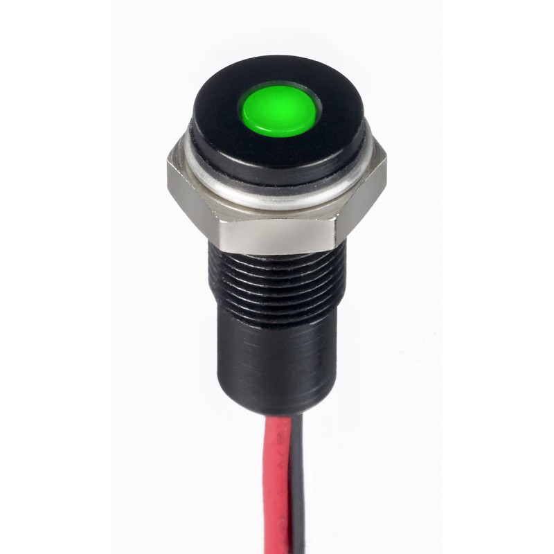 1 pcs - RS PRO Green Panel Mount Indicator, 10.8 - 13.2V dc, 6mm Mounting Hole Size, Lead Wires Termination, IP67