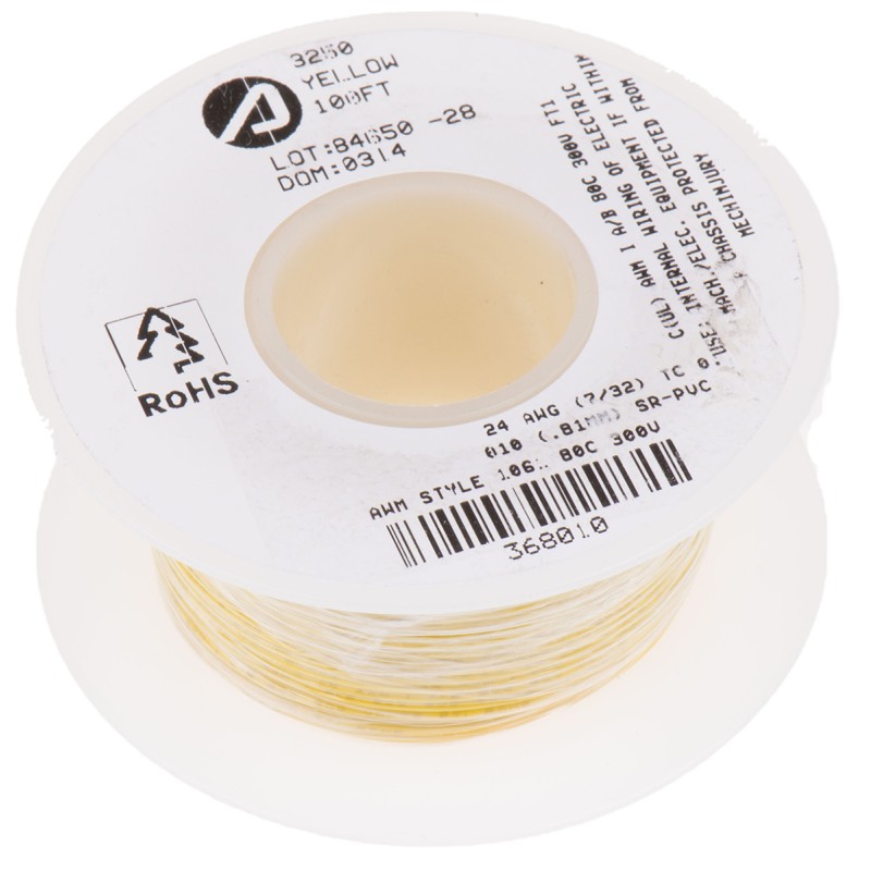 1 Reel of 30 M - Alpha Wire Yellow 0.2 mm² Hook Up Wire, 24 AWG, 7/0.20 mm, 30m, SR-PVC Insulation