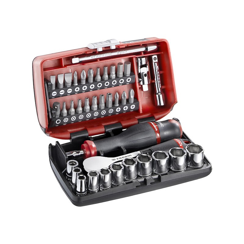 1 pcs - Facom 38-Piece Metric 1/4 in Standard Socket/Bit Set with Ratchet, 6 point, Hex Bit, Phillips Bit, Pozidriv Bit,