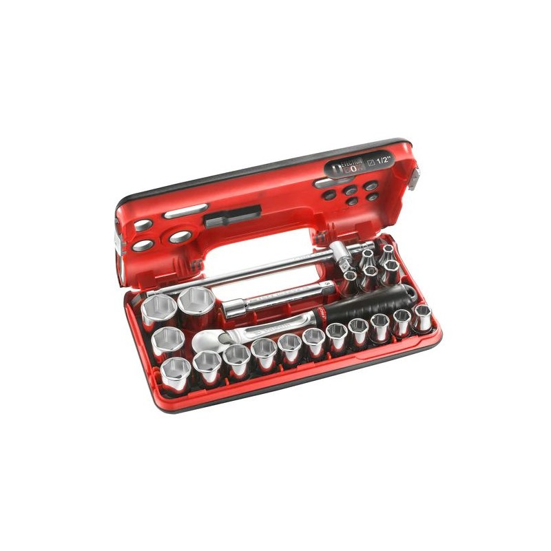 1 pcs - Facom 22-Piece Metric 1/2 in Standard Socket Set with Ratchet, 6 point