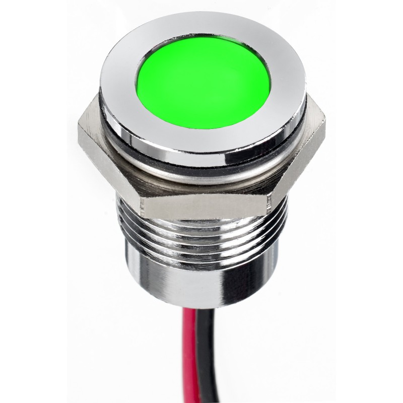 1 pcs - RS PRO Green Panel Mount Indicator, 1.8 - 3.3V dc, 14mm Mounting Hole Size, Lead Wires Termination, IP67