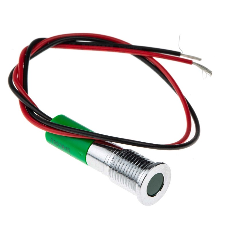 1 pcs - RS PRO Green Panel Mount Indicator, 12V dc, 8mm Mounting Hole Size, Lead Wires Termination, IP67