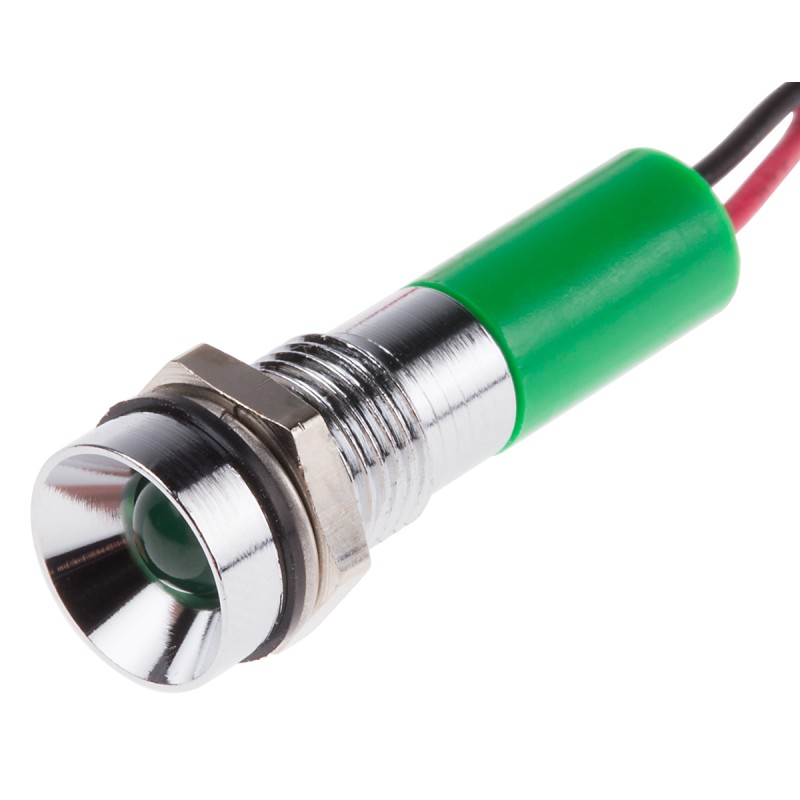 1 pcs - RS PRO Green Panel Mount Indicator, 24V dc, 8mm Mounting Hole Size, Lead Wires Termination, IP67