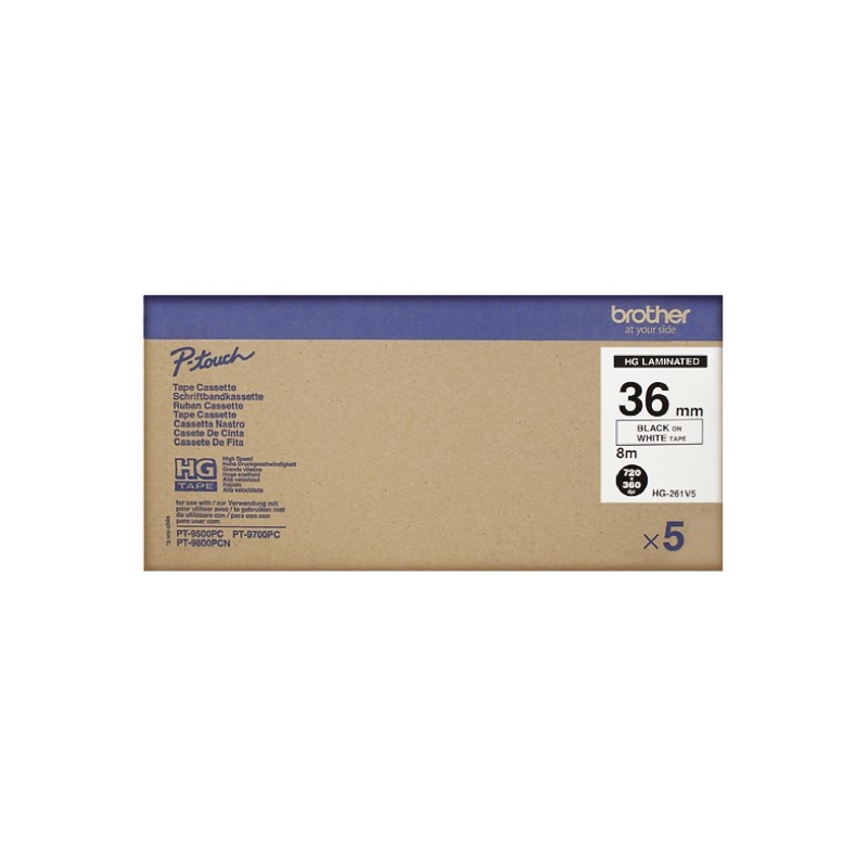 1 Pack of 5 - Brother Black on White Label Printer Tape, 8 m Length, 36 mm Width