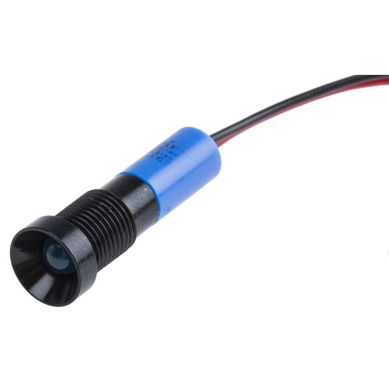 1 pcs - RS PRO Blue Panel Mount Indicator, 12V dc, 8mm Mounting Hole Size, Lead Wires Termination, IP67