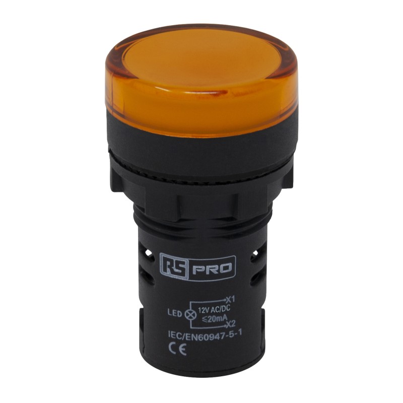 1 pcs - RS PRO, Panel Mount Yellow LED Pilot Light, 22mm Cutout, IP65, Round, 12V ac/dc