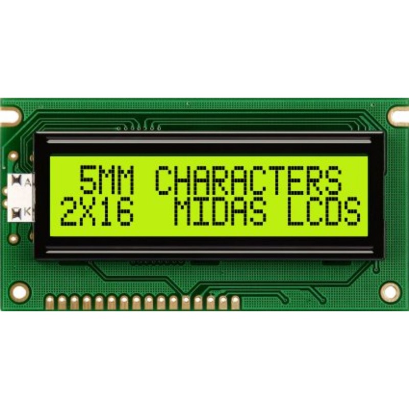 1 pcs - Midas MC21605A6WK-SPTLY-V2 Alphanumeric LCD Alphanumeric Display, 2 Rows by 16 Characters