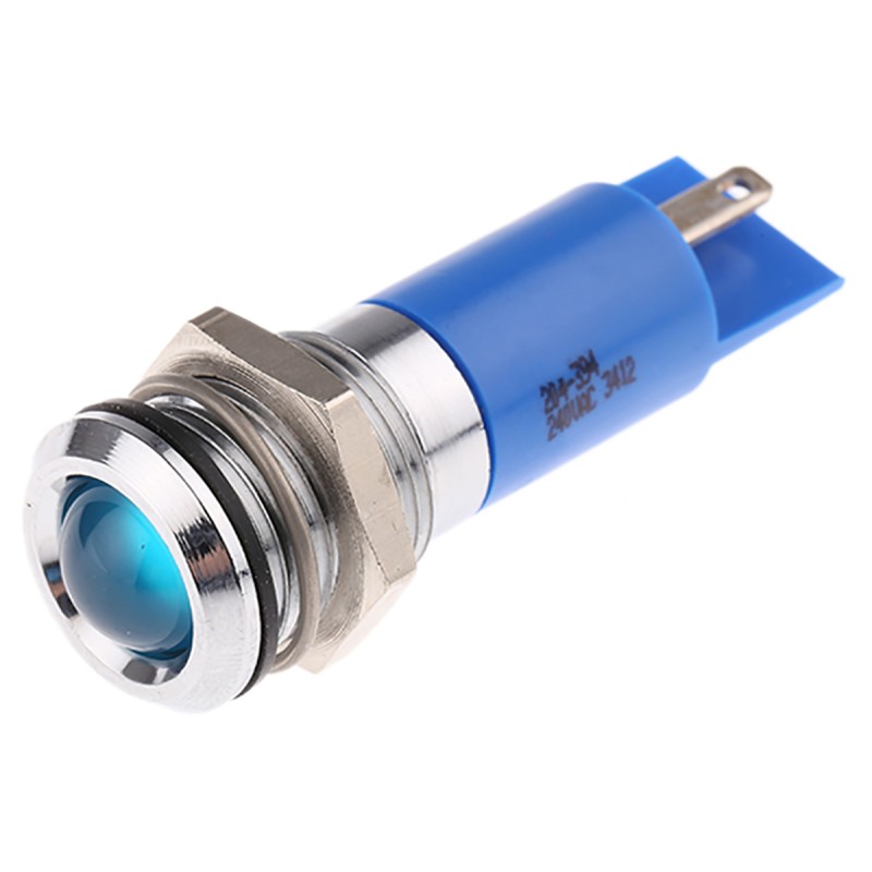 1 pcs - RS PRO Blue Panel Mount Indicator, 240V ac, 14.5mm Mounting Hole Size, Solder Tab Termination, IP40