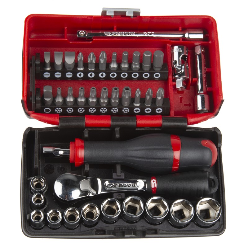 1 pcs - Facom 38-Piece Metric 1/4 in Standard Socket/Bit Set with Ratchet, 6 point, Hex Bit, Phillips Bit, Pozidriv Bit,