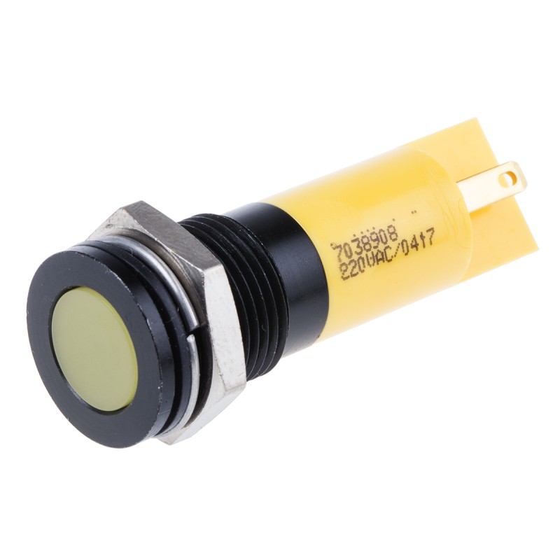 1 pcs - RS PRO Yellow Panel Mount Indicator, 220V ac, 14mm Mounting Hole Size, Solder Tab Termination, IP67