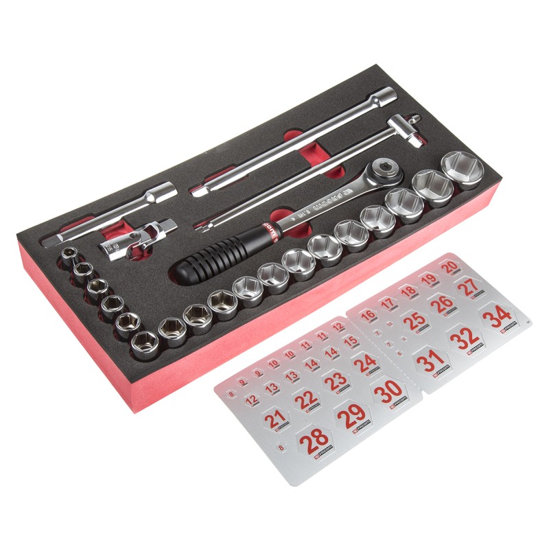 1 pcs - Facom 23-Piece Metric 1/2 in Standard Socket Set with Ratchet, 6 point