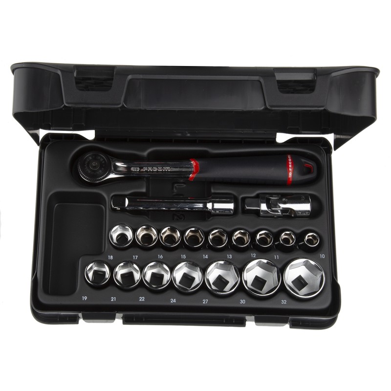1 pcs - Facom 19-Piece Metric 1/2 in Standard Socket Set with Ratchet, 6 point