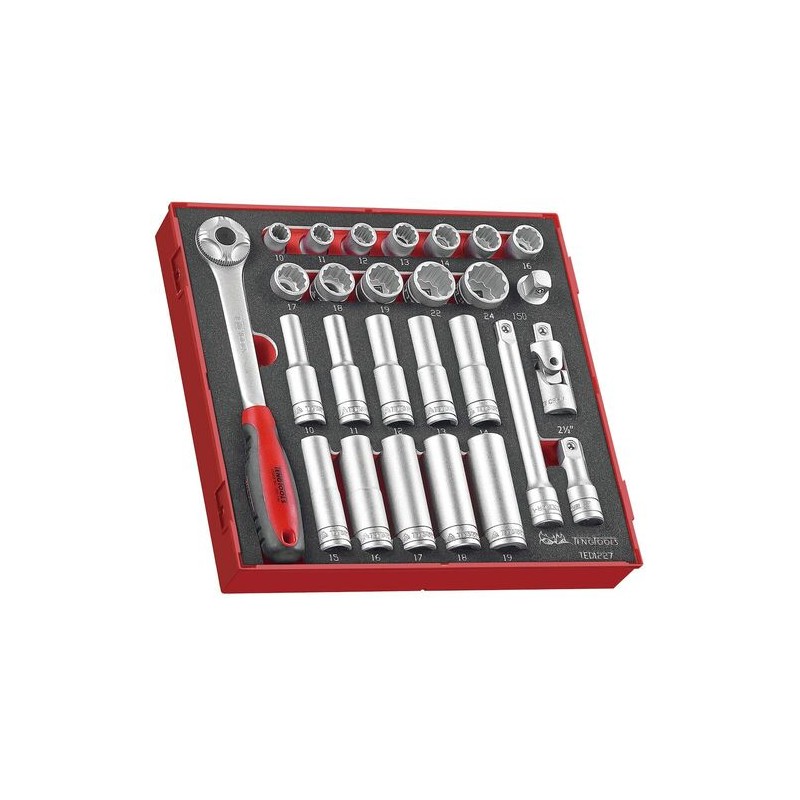 1 pcs - Teng Tools 27-Piece Metric 1/2 in Deep Socket/Standard Socket Set with Ratchet, 12 point