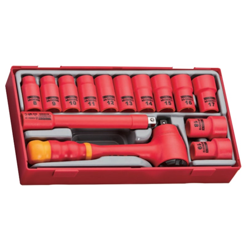 1 pcs - Teng Tools 14-Piece Metric 3/8 in Standard Socket Set with Ratchet, 6 point, VDE/1000V