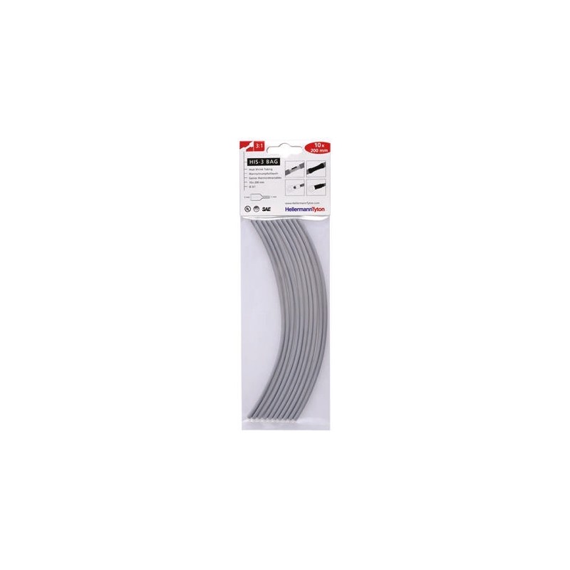 10 pcs - HellermannTyton Heat Shrink Tubing, Grey 3mm Sleeve Dia. x 200mm Length 3:1 Ratio, HIS-3 BAG Series